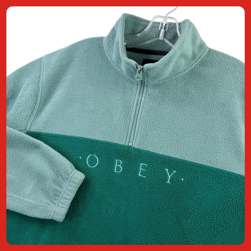 Obey 1/4 Zip Mock Neck Fleece Pullover Men Medium Green Colorblock Streetwear